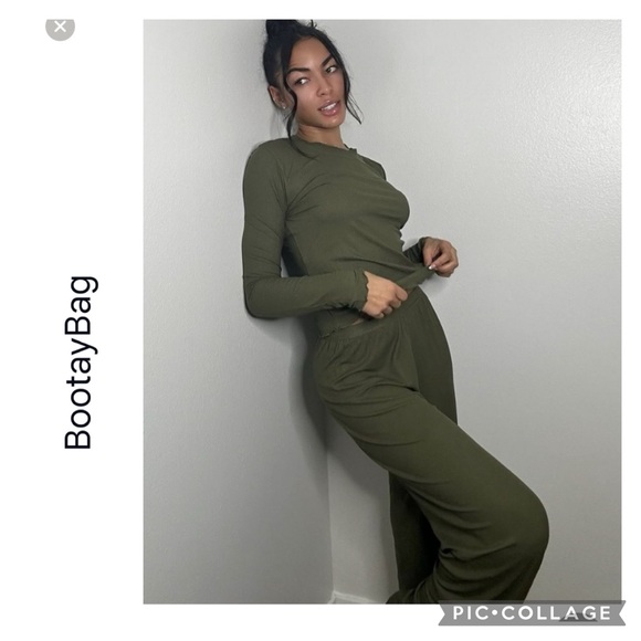 BOOTAYBAG RAYON RIBBED OLIVE GREEN LS TOP HIGH RISE WIDE LEG LEGGINGS SET - Picture 1 of 4